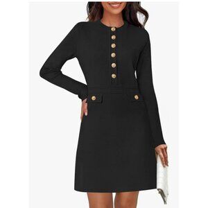 Merokeety Womens Med Black Sweater Knit Bodycon Dress Pocket Details Career